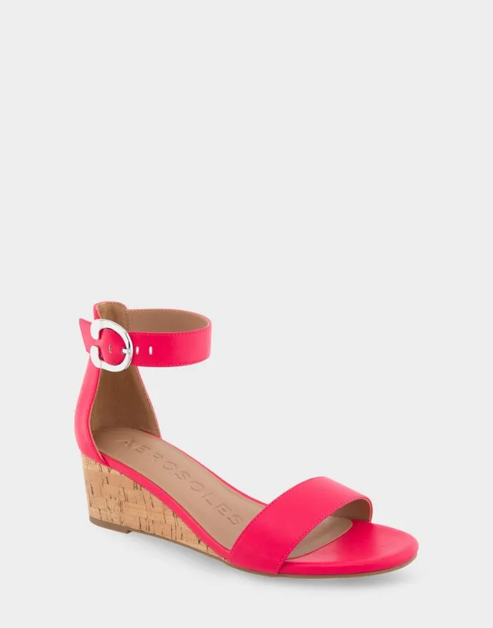 Aerosoles Comfortable Women039s Ankle Strap Mid Wedge Sandal In Virtual Pink Faux Leather Virtual Pink Faux Leather Women Wide Width Sandals