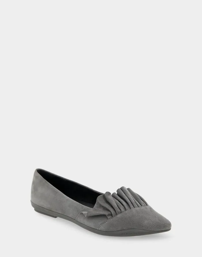 Aerosoles Comfortable Women039s Ruffled Point Toe Flat In Dark Grey Genuine Suede Quiet Shade Genuine Suede Women Ballet