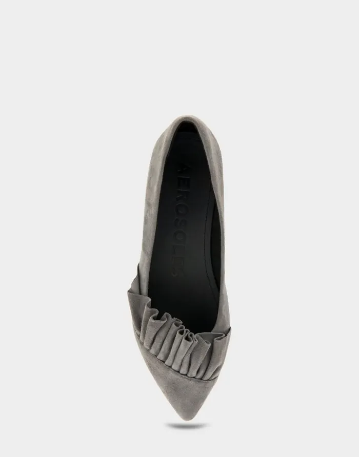 Aerosoles Comfortable Women039s Ruffled Point Toe Flat In Dark Grey Genuine Suede Quiet Shade Genuine Suede Women Ballet