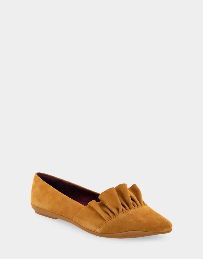 Aerosoles Comfortable Women039s Ruffled Point Toe Flat In Dark Ochre Genuine Suede Dark Ochre Genuine Suede Women Dress