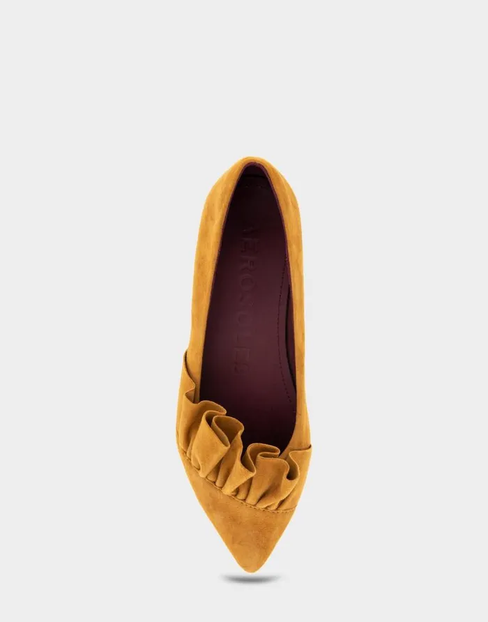 Aerosoles Comfortable Women039s Ruffled Point Toe Flat In Dark Ochre Genuine Suede Dark Ochre Genuine Suede Women Dress