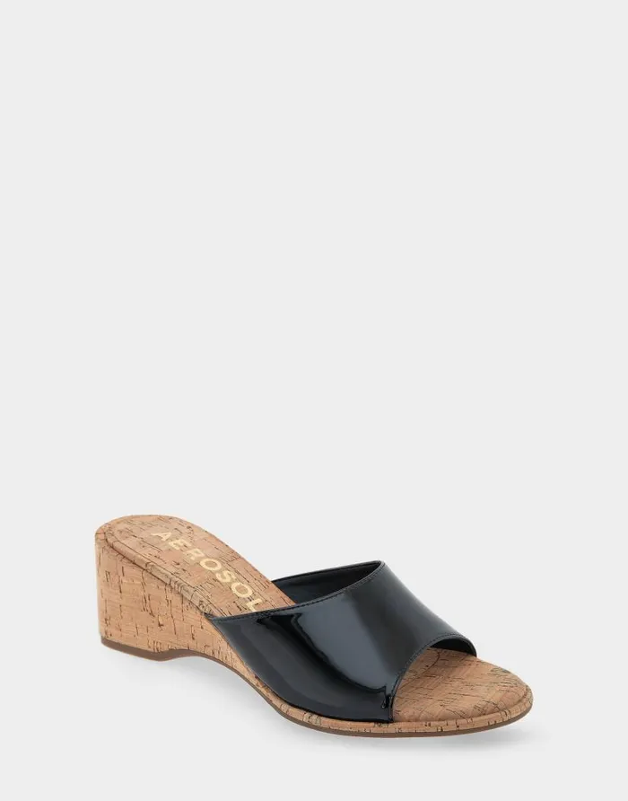 Aerosoles Comfortable Women039s Wedge Slide Sandal In Black Patent Faux Leather Black Patent Faux Leather Women Dress
