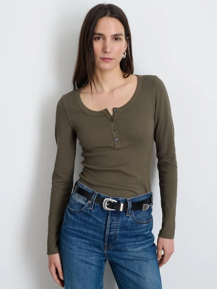 Alex Mill Tees Tanks Women Everyday Ribbed Henley Olive Grey Alex Mill Tees Tanks Women Everyday Ribbed Henley Olive Grey