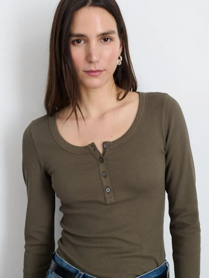 Alex Mill Tees Tanks Women Everyday Ribbed Henley Olive Grey Alex Mill Tees Tanks Women Everyday Ribbed Henley Olive Grey
