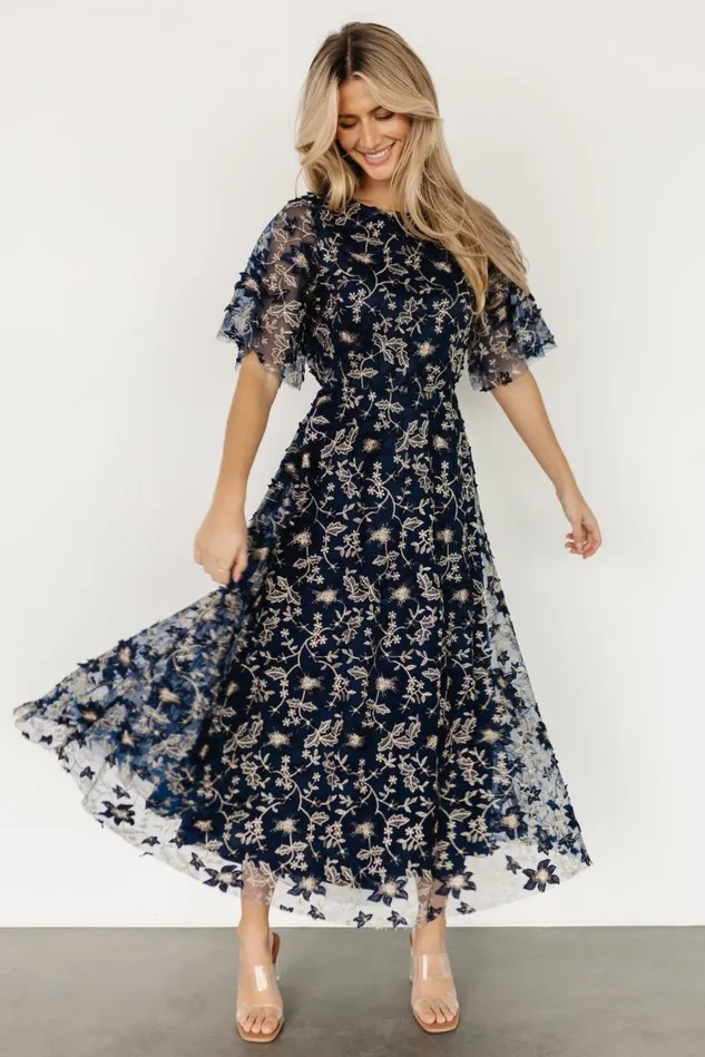 Baltic Born Tulle Styles Women Arabella Embroidered Tulle Maxi Dress Navy Gold Baltic Born Tulle Styles Women Arabella Embroidered Tulle Maxi Dress Navy Gold