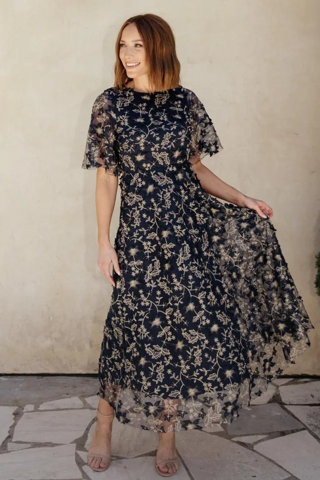 Baltic Born Tulle Styles Women Arabella Embroidered Tulle Maxi Dress Navy Gold Baltic Born Tulle Styles Women Arabella Embroidered Tulle Maxi Dress Navy Gold