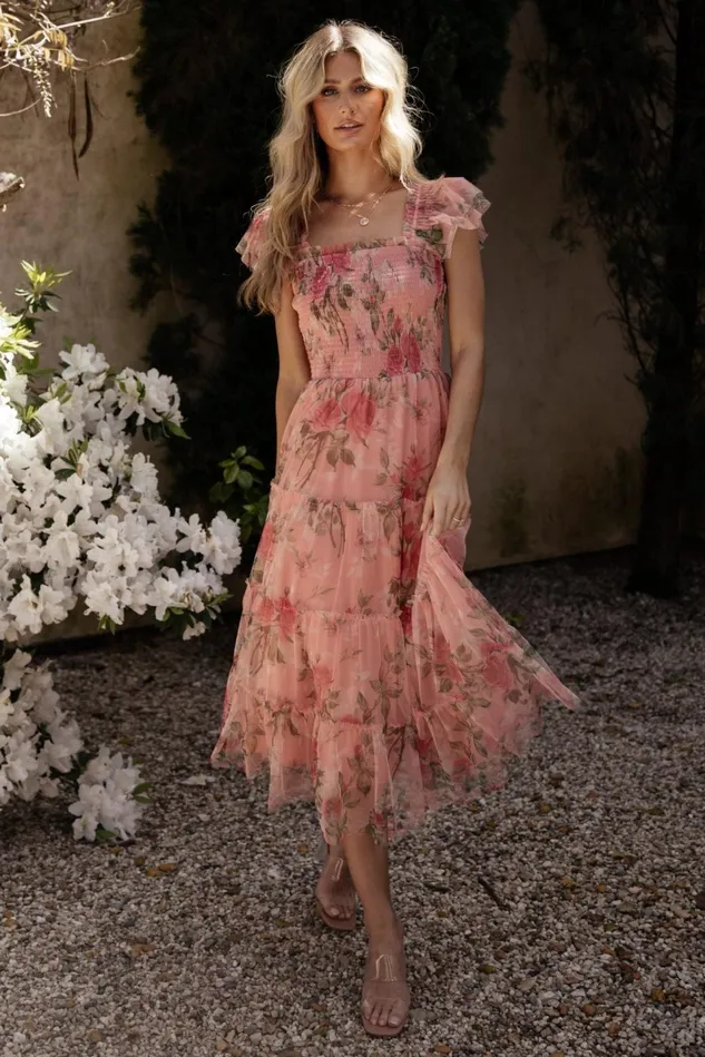 Baltic Born Tulle Styles Women Clementine Tulle Midi Dress Pink Rose Floral