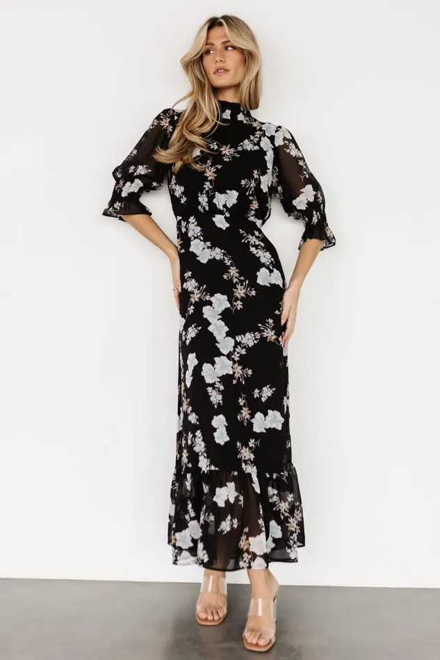 Baltic Born Wedding Guest Women Marie Mock Neck Maxi Dress Black Floral