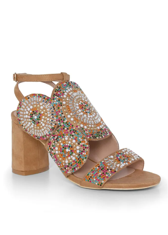 BEADED BLOCK HEELS Tan Multi Women VENUS Heels