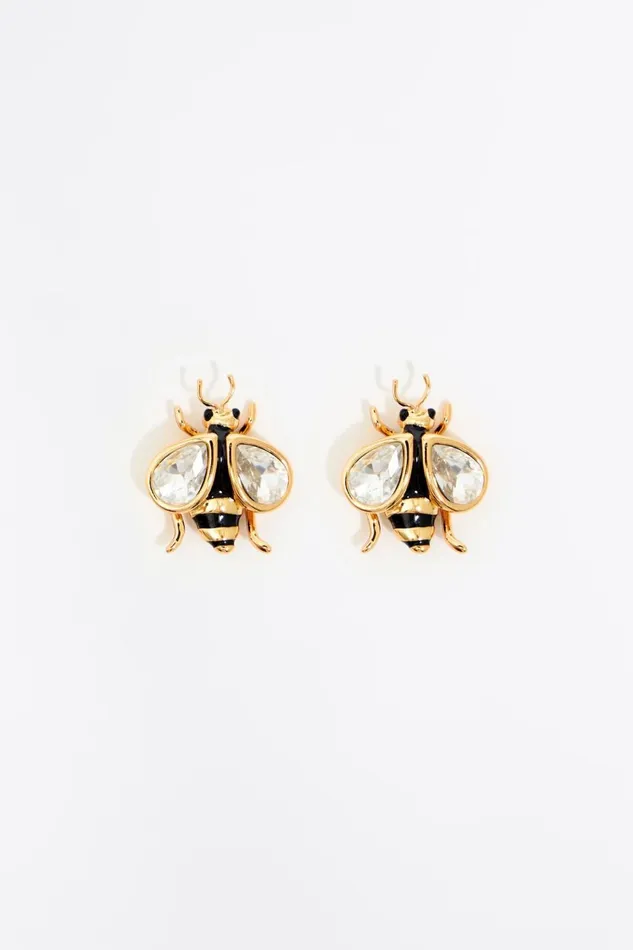 Black Bee And Crystals Mini Earrings Gold Women Bimba Y Lola Jewelry