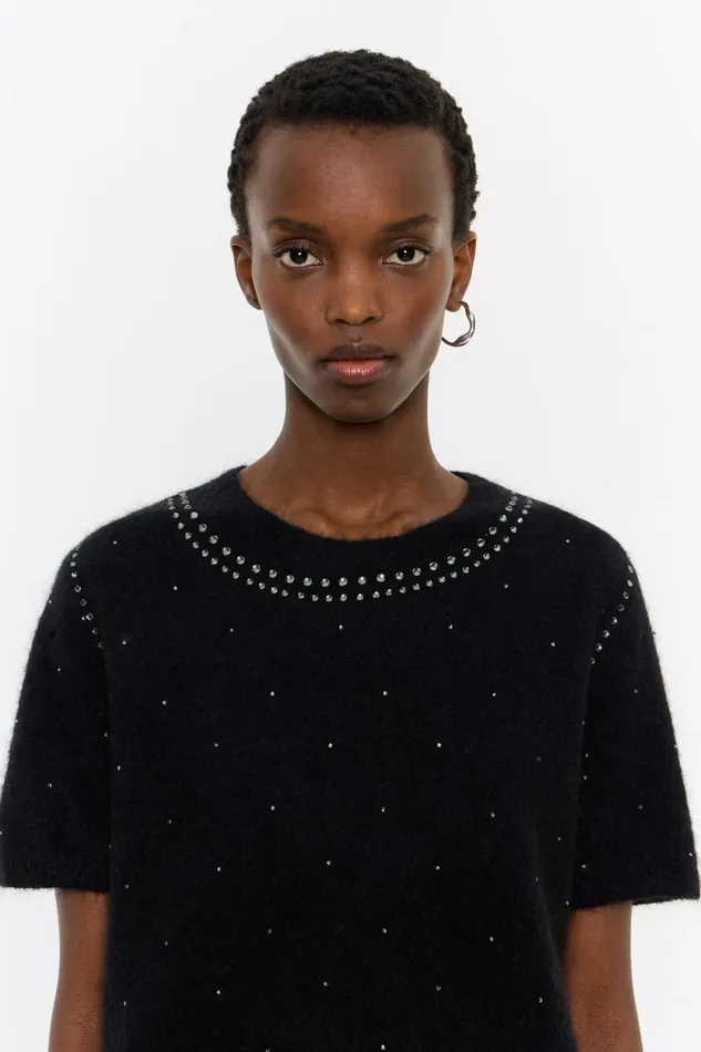 Black Mohair Rhinestones Sweater Black Women Bimba Y Lola Party Black Mohair Rhinestones Sweater Black Women Bimba Y Lola Party