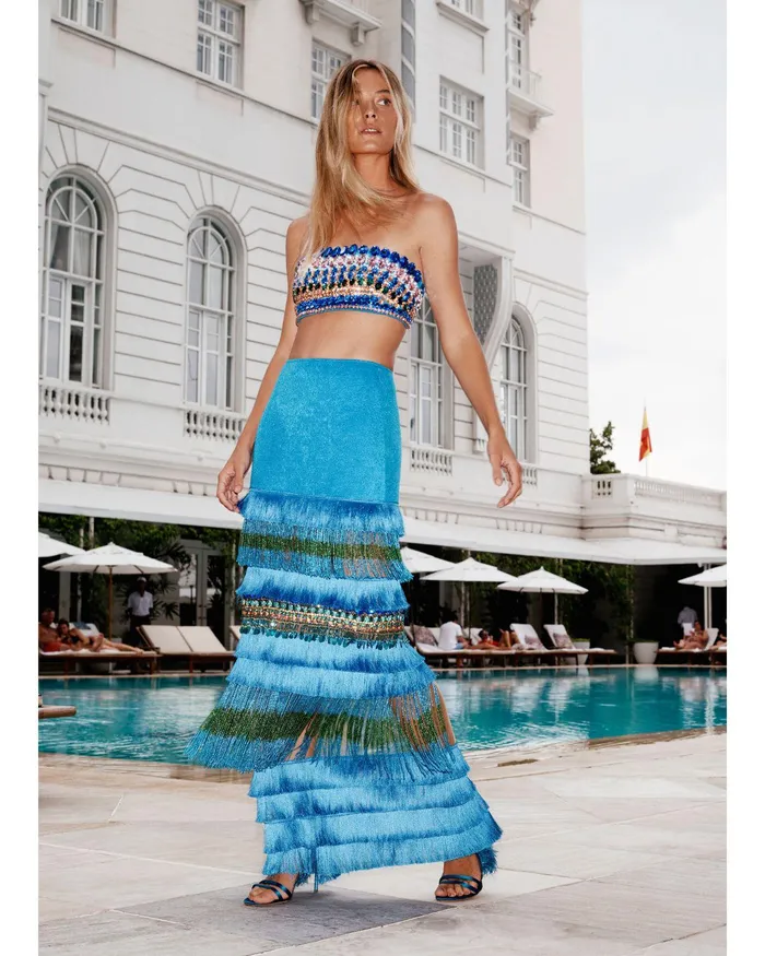 Bottoms Women PatBO HANDBEADED FRINGE TRIM MAXI SKIRT RUNWAY