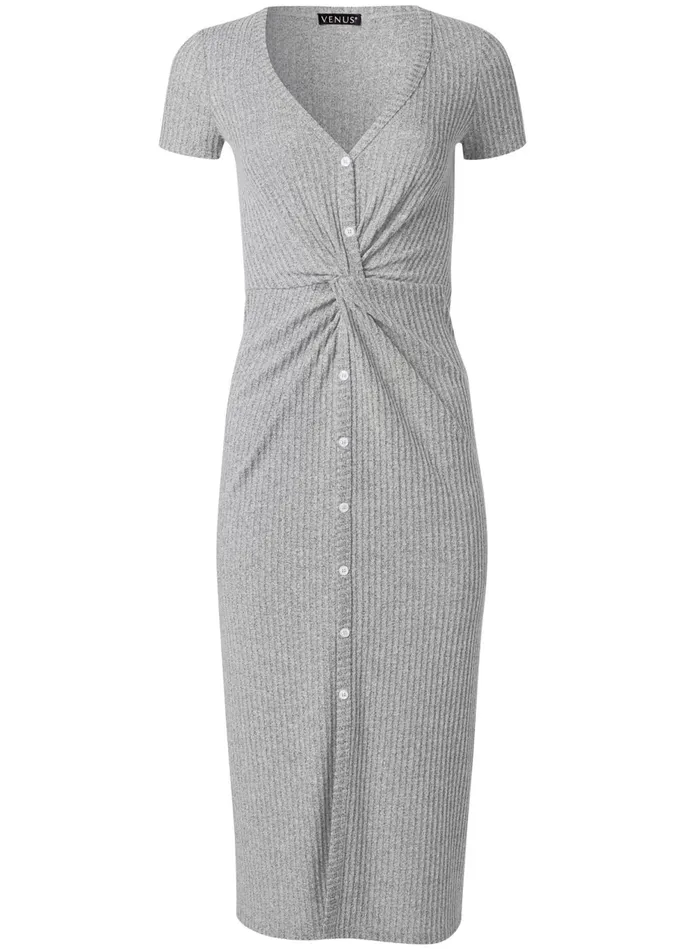 BRUSHED RIB KNOT LOUNGE DRESS Heather Grey Women VENUS Cozy Loungewear