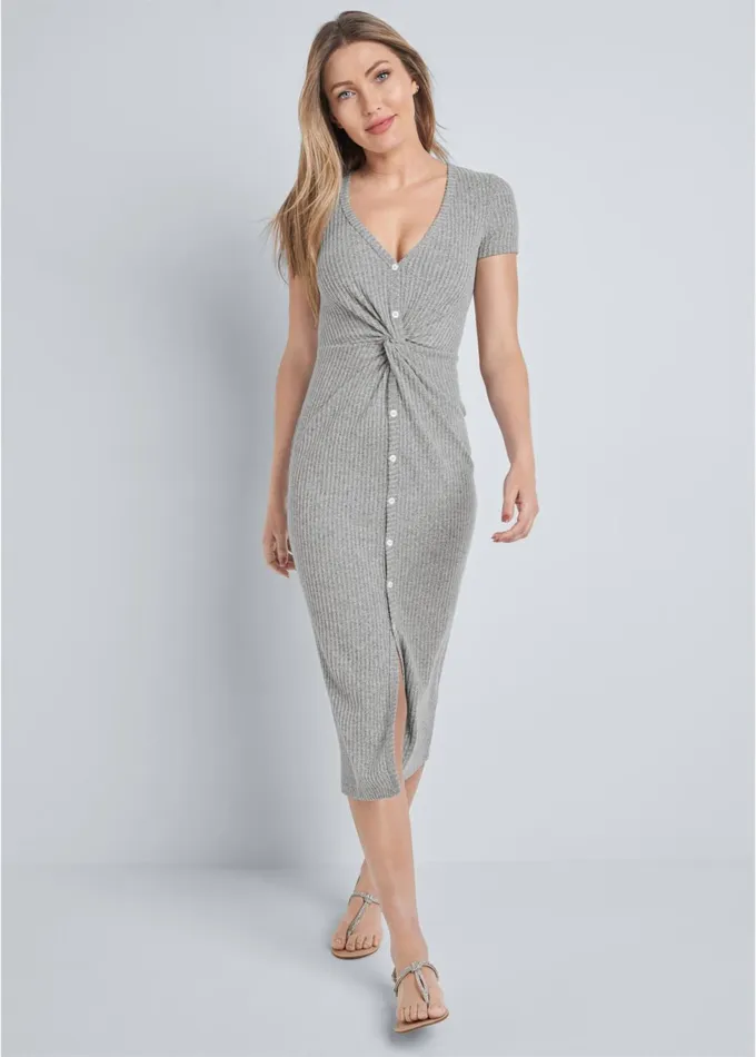 BRUSHED RIB KNOT LOUNGE DRESS Heather Grey Women VENUS Cozy Loungewear
