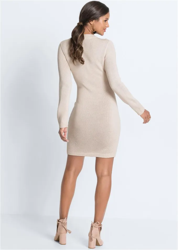 CABLE KNIT SWEATER DRESS Beige Women VENUS Short Dresses