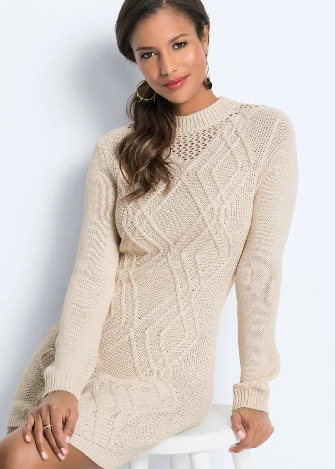 CABLE KNIT SWEATER DRESS Beige Women VENUS Short Dresses