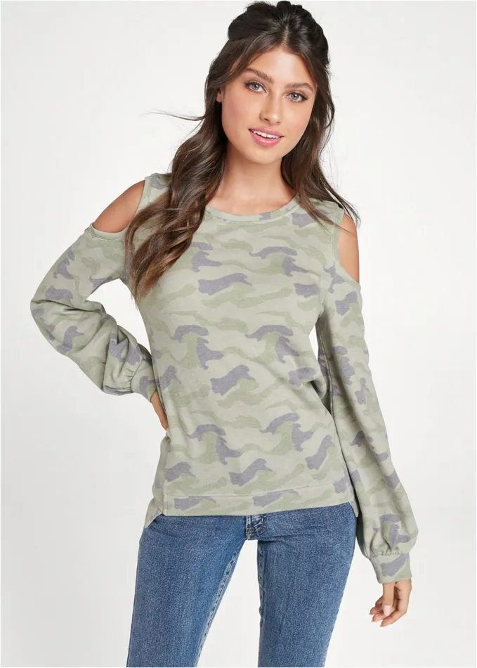 CAMO BALLOON SLEEVE SWEATSHIRT Olive Multi Women VENUS Sweatshirts and Hoodies