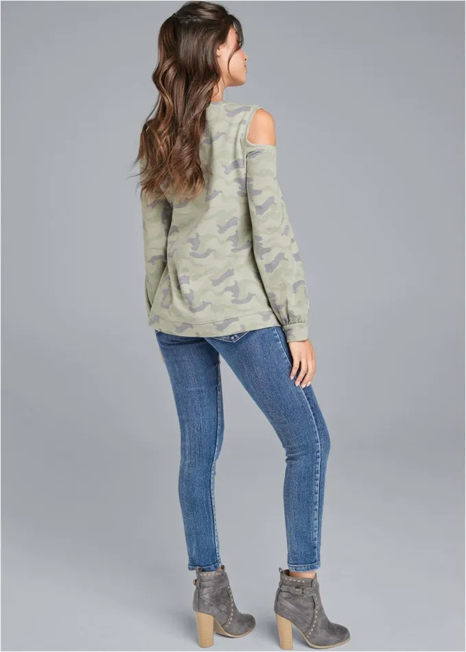 CAMO BALLOON SLEEVE SWEATSHIRT Olive Multi Women VENUS Sweatshirts and Hoodies