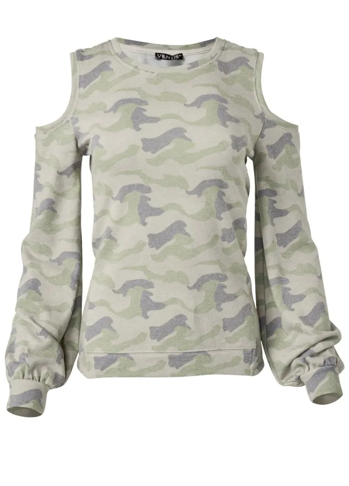 CAMO BALLOON SLEEVE SWEATSHIRT Olive Multi Women VENUS Sweatshirts and Hoodies
