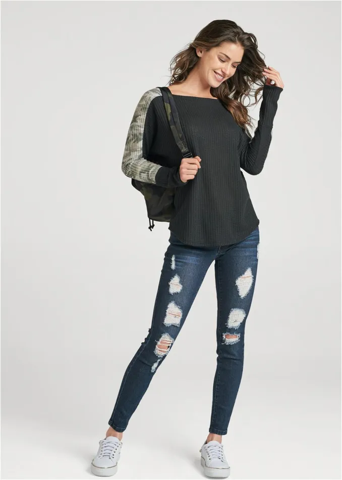 CAMO STRIPE WAFFLE KNIT TOP Black Multi Women VENUS Tops