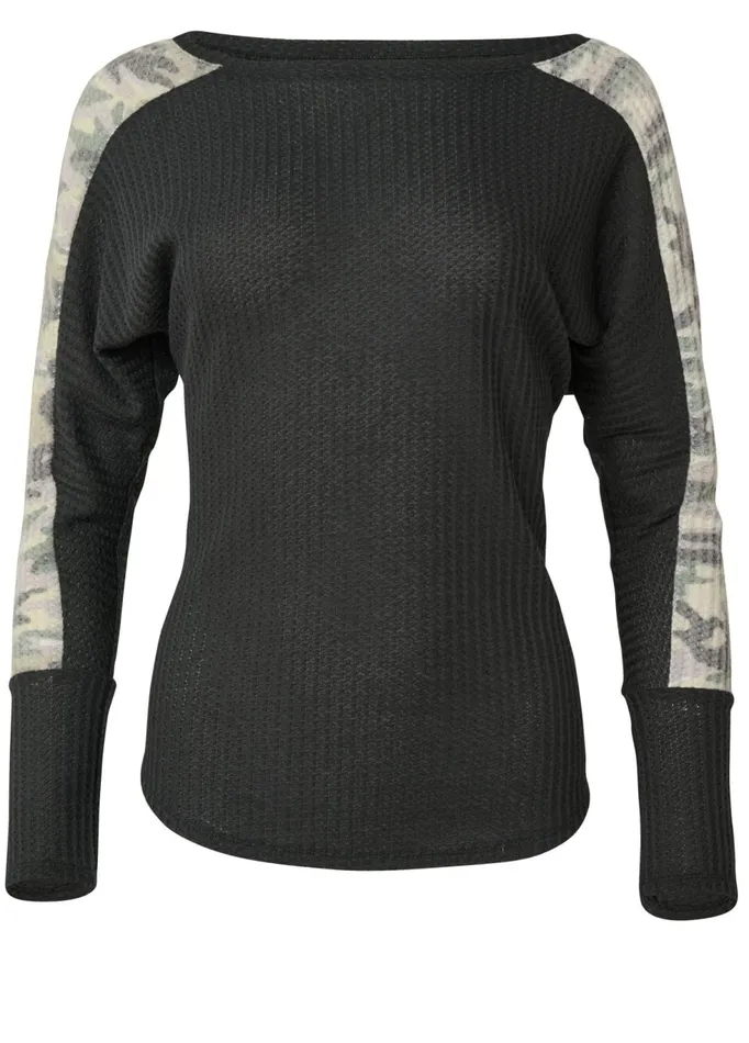 CAMO STRIPE WAFFLE KNIT TOP Black Multi Women VENUS Tops