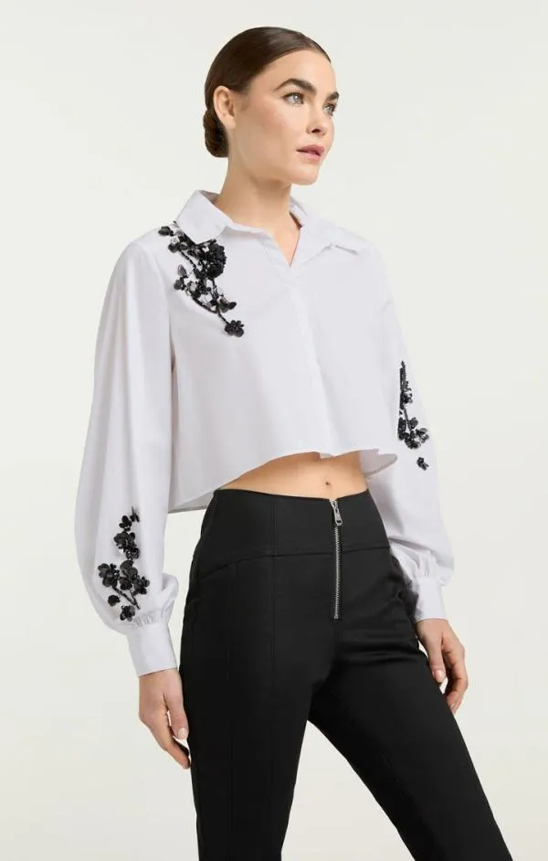 Cinq Sept Cropped Selina Top Sequin Flower Whiteblack Women Long Sleeve Tops