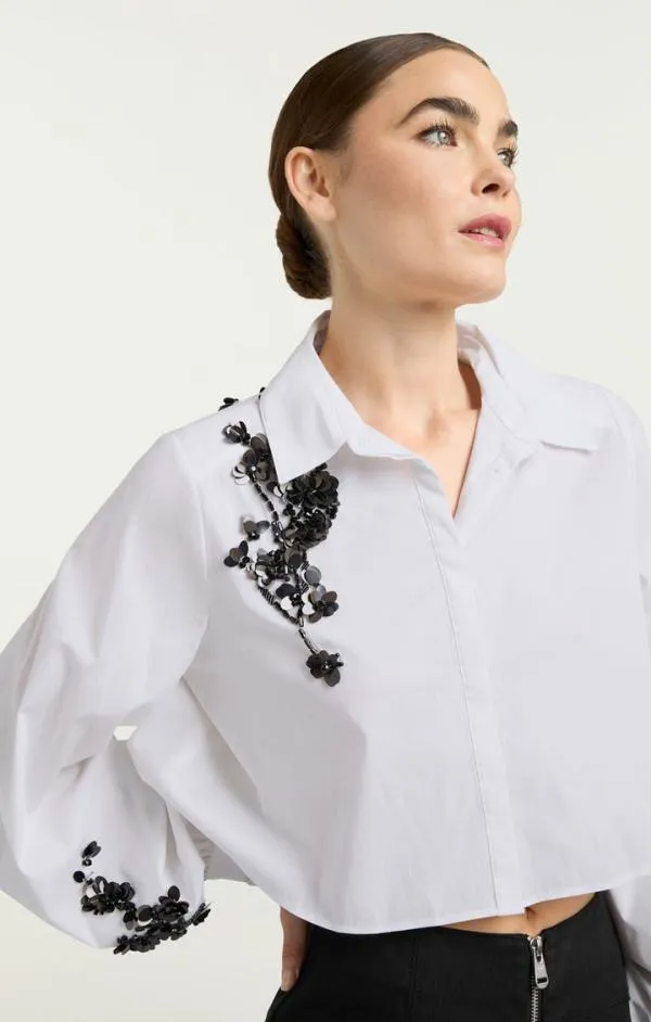 Cinq Sept Cropped Selina Top Sequin Flower Whiteblack Women Long Sleeve Tops