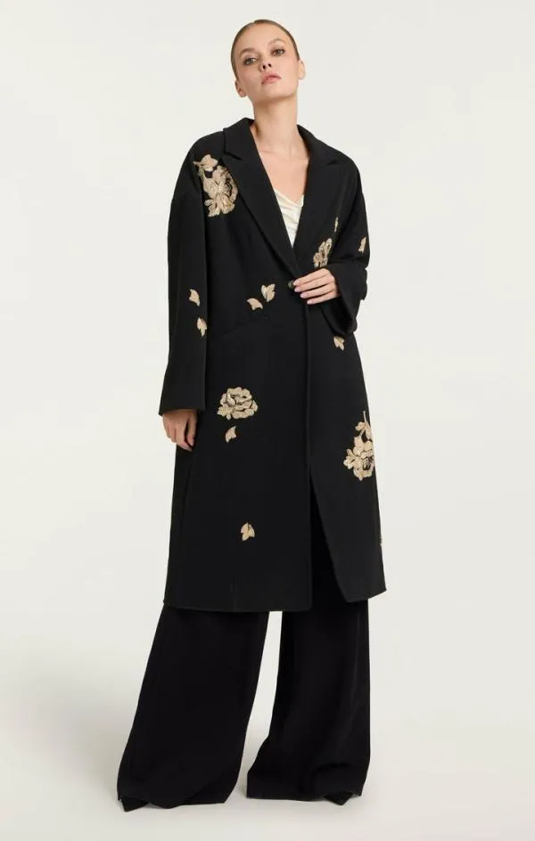 Cinq Sept Rose Embellished Gravis Coat Black Women Outerwear