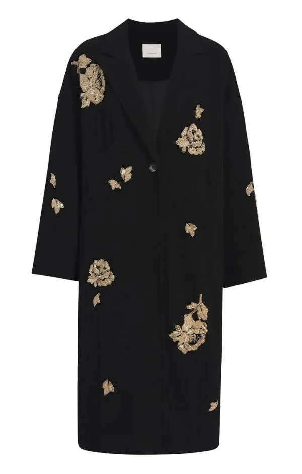 Cinq Sept Rose Embellished Gravis Coat Black Women Outerwear