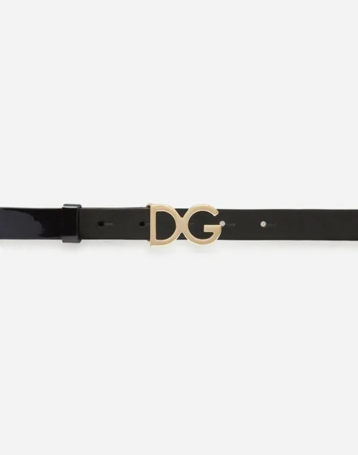 Dolce and Gabbana Accessories Children Patent Leather Belt With DG Buckle Black Dolce and Gabbana Accessories Children Patent Leather Belt With DG Buckle Black