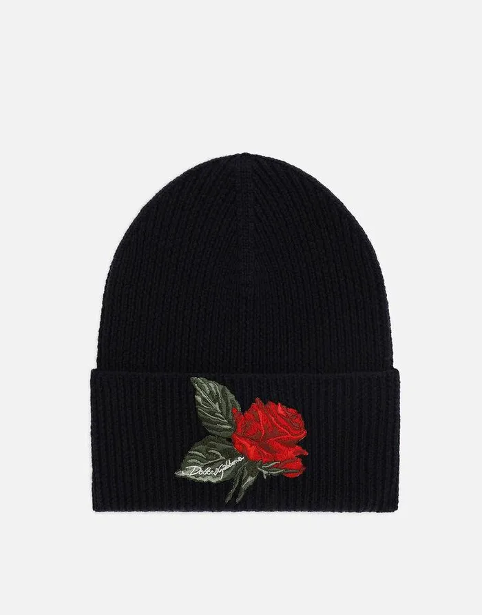 Dolce and Gabbana Accessories Children Ribbed Knit Hat With Rose Patch Blue
