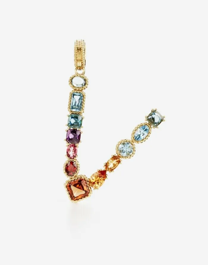Dolce and Gabbana Alphabet Collection Women Rainbow Alphabet V 18 Kt Yellow Gold Charm With Multicolor Fine Gems Gold Dolce and Gabbana Alphabet Collection Women Rainbow Alphabet V 18 Kt Yellow Gold Charm With Multicolor Fine Gems Gold