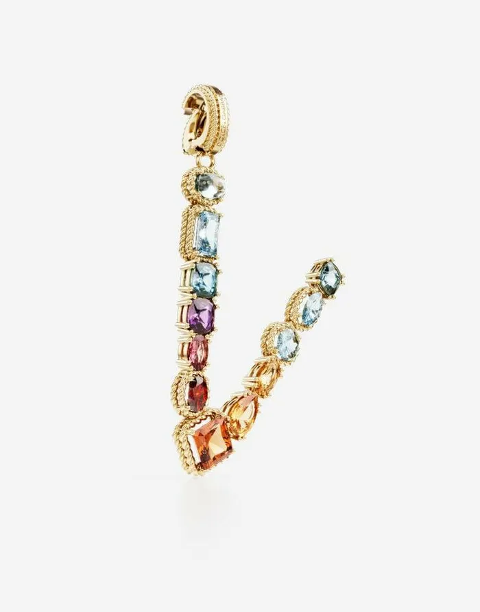Dolce and Gabbana Alphabet Collection Women Rainbow Alphabet V 18 Kt Yellow Gold Charm With Multicolor Fine Gems Gold Dolce and Gabbana Alphabet Collection Women Rainbow Alphabet V 18 Kt Yellow Gold Charm With Multicolor Fine Gems Gold