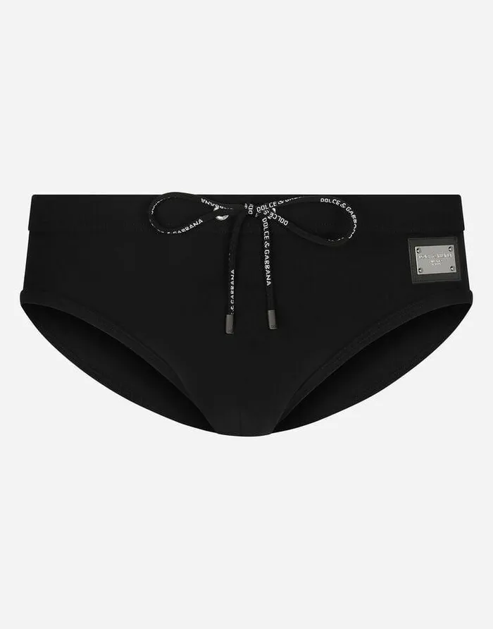 Dolce and Gabbana Beachwear Men Swim Briefs With Highcut Leg And Branded Plate Black Dolce and Gabbana Beachwear Men Swim Briefs With Highcut Leg And Branded Plate Black