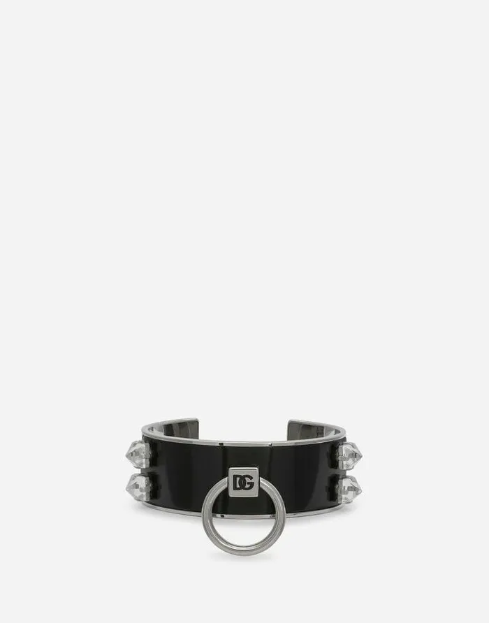 Dolce and Gabbana Bijoux Women Leather And Brass Rigid Bracelet Silver
