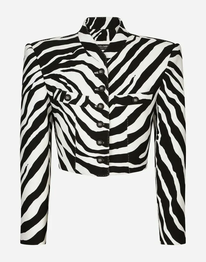 Dolce and Gabbana Blazers Women Cropped Cady Jacket With Zebra Print Multicolor
