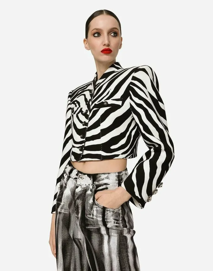 Dolce and Gabbana Blazers Women Cropped Cady Jacket With Zebra Print Multicolor Dolce and Gabbana Blazers Women Cropped Cady Jacket With Zebra Print Multicolor