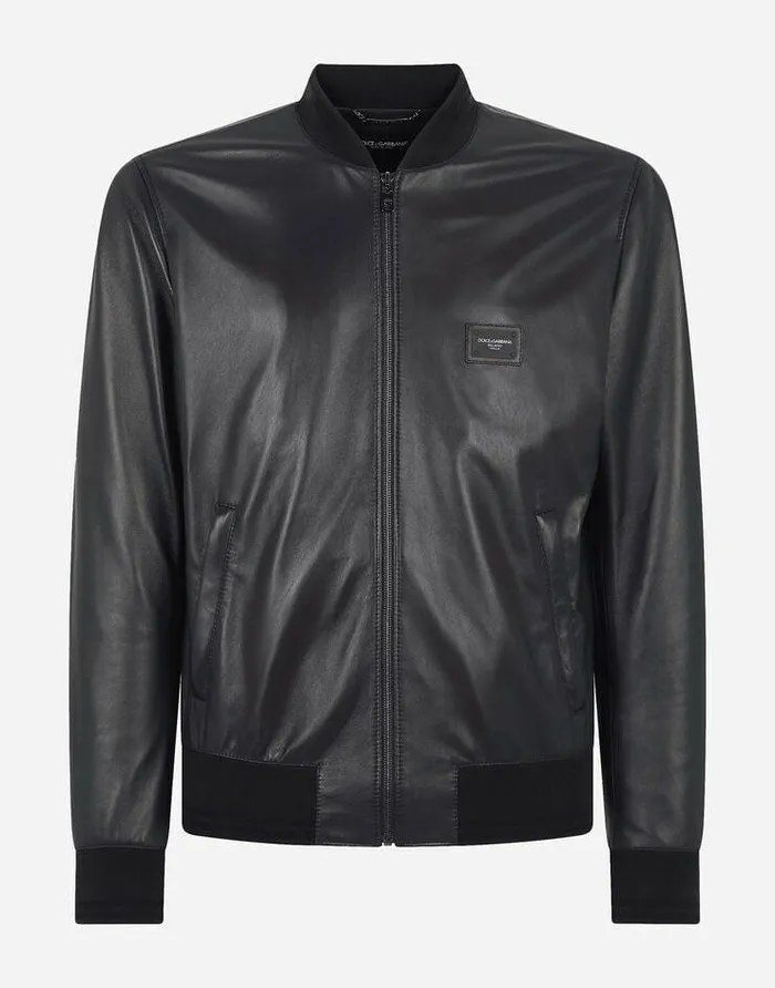 Dolce and Gabbana Coats And Jackets Men Leather Jacket With Branded Plate Blue Dolce and Gabbana Coats And Jackets Men Leather Jacket With Branded Plate Blue