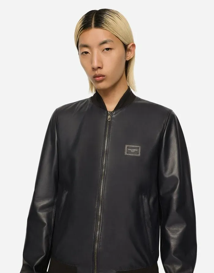 Dolce and Gabbana Coats And Jackets Men Leather Jacket With Branded Plate Blue Dolce and Gabbana Coats And Jackets Men Leather Jacket With Branded Plate Blue