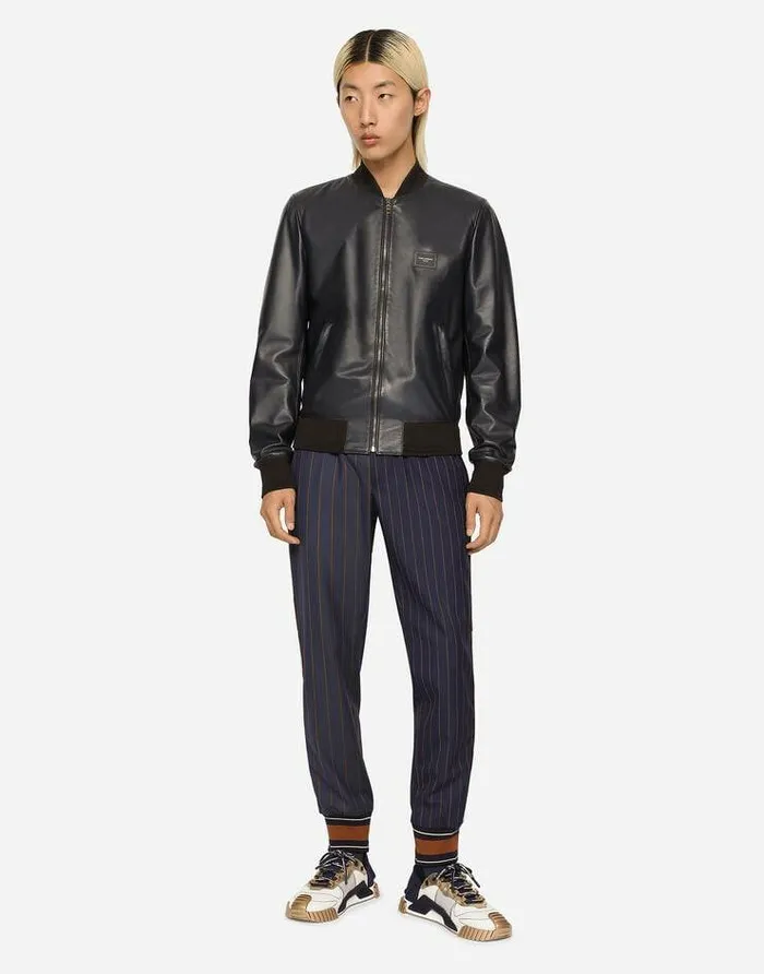 Dolce and Gabbana Coats And Jackets Men Leather Jacket With Branded Plate Blue Dolce and Gabbana Coats And Jackets Men Leather Jacket With Branded Plate Blue