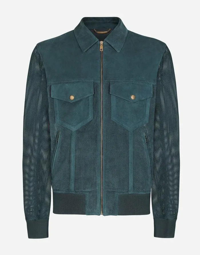 Dolce and Gabbana Coats And Jackets Men Perforated Suede Jacket Blue