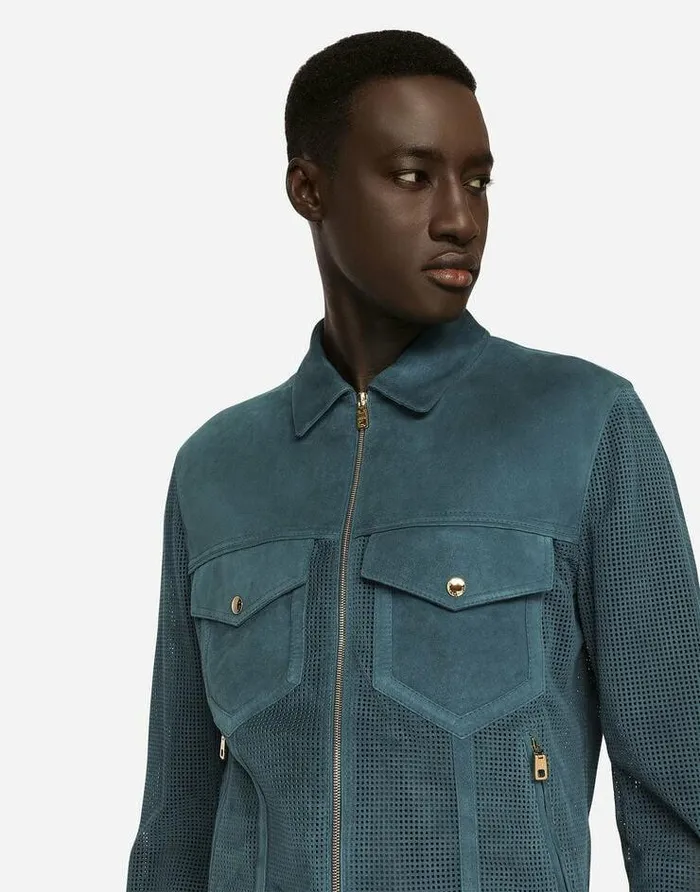 Dolce and Gabbana Coats And Jackets Men Perforated Suede Jacket Blue Dolce and Gabbana Coats And Jackets Men Perforated Suede Jacket Blue