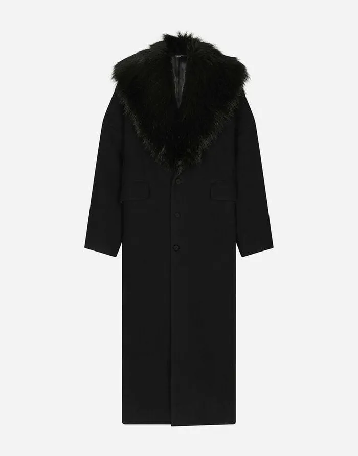 Dolce and Gabbana Coats And Jackets Men Wool Coat With Faux Fur Collar Black
