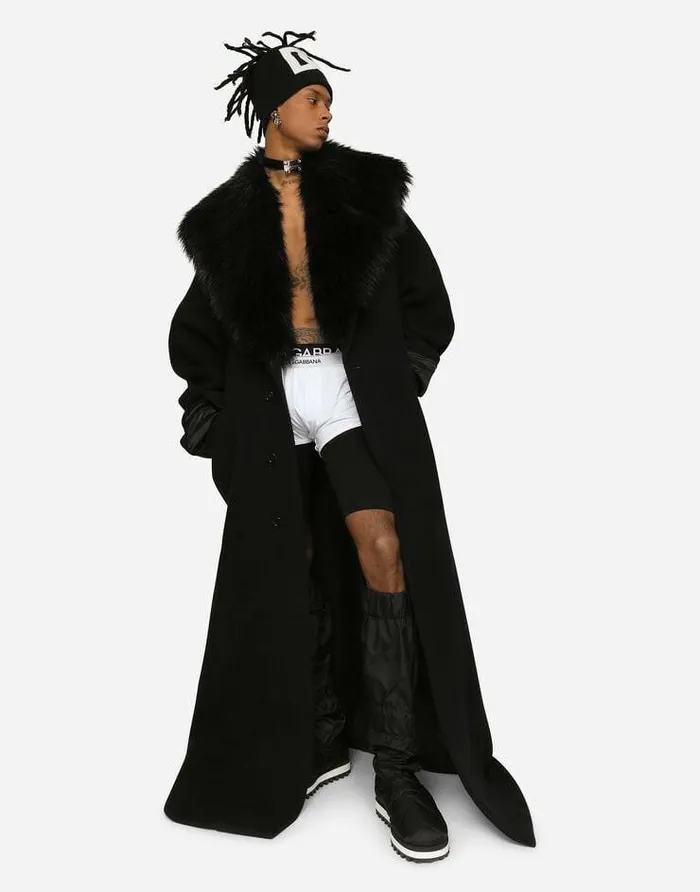 Dolce and Gabbana Coats And Jackets Men Wool Coat With Faux Fur Collar Black Dolce and Gabbana Coats And Jackets Men Wool Coat With Faux Fur Collar Black