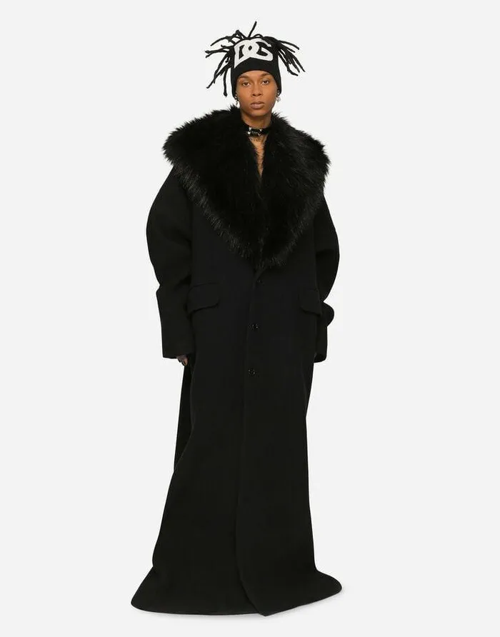 Dolce and Gabbana Coats And Jackets Men Wool Coat With Faux Fur Collar Black Dolce and Gabbana Coats And Jackets Men Wool Coat With Faux Fur Collar Black