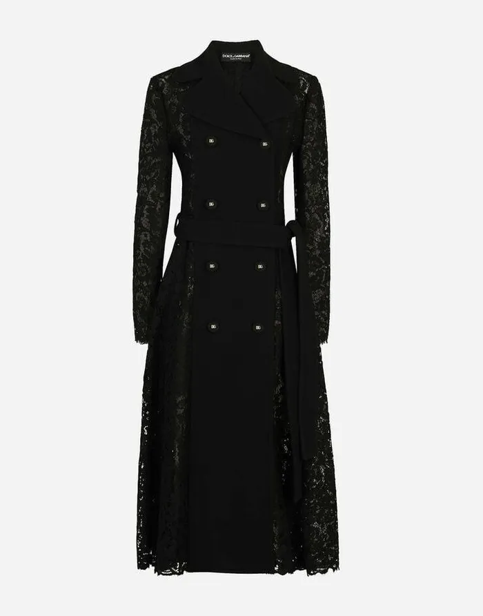 Dolce and Gabbana Coats And Jackets Women Cordonetto Lace And Crepe Coat With Belt Black Dolce and Gabbana Coats And Jackets Women Cordonetto Lace And Crepe Coat With Belt Black