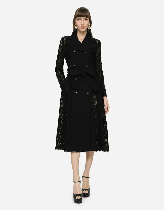 Dolce and Gabbana Coats And Jackets Women Cordonetto Lace And Crepe Coat With Belt Black