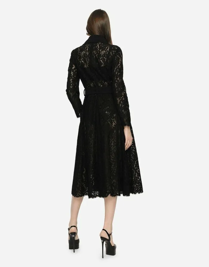 Dolce and Gabbana Coats And Jackets Women Cordonetto Lace And Crepe Coat With Belt Black