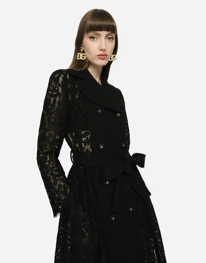 Dolce and Gabbana Coats And Jackets Women Cordonetto Lace And Crepe Coat With Belt Black