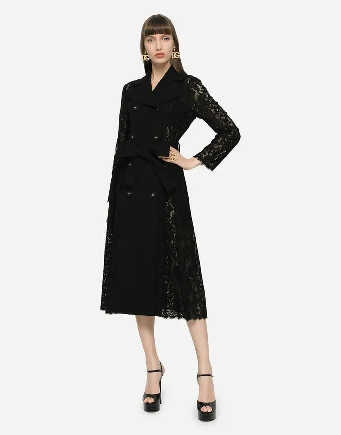 Dolce and Gabbana Coats And Jackets Women Cordonetto Lace And Crepe Coat With Belt Black